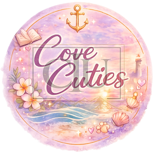 Circular design with 'Cove Cuties' text, anchor, flowers, and lighthouse on a pastel background.