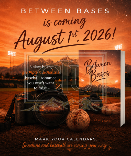 Promotional image for 'Between Bases' with a sunset over a baseball field and book cover.