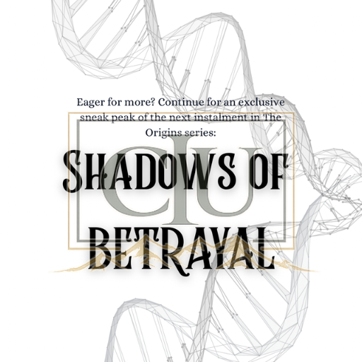Promotional graphic for 'Shadows of Betrayal' with a DNA double helix design on a white background.
